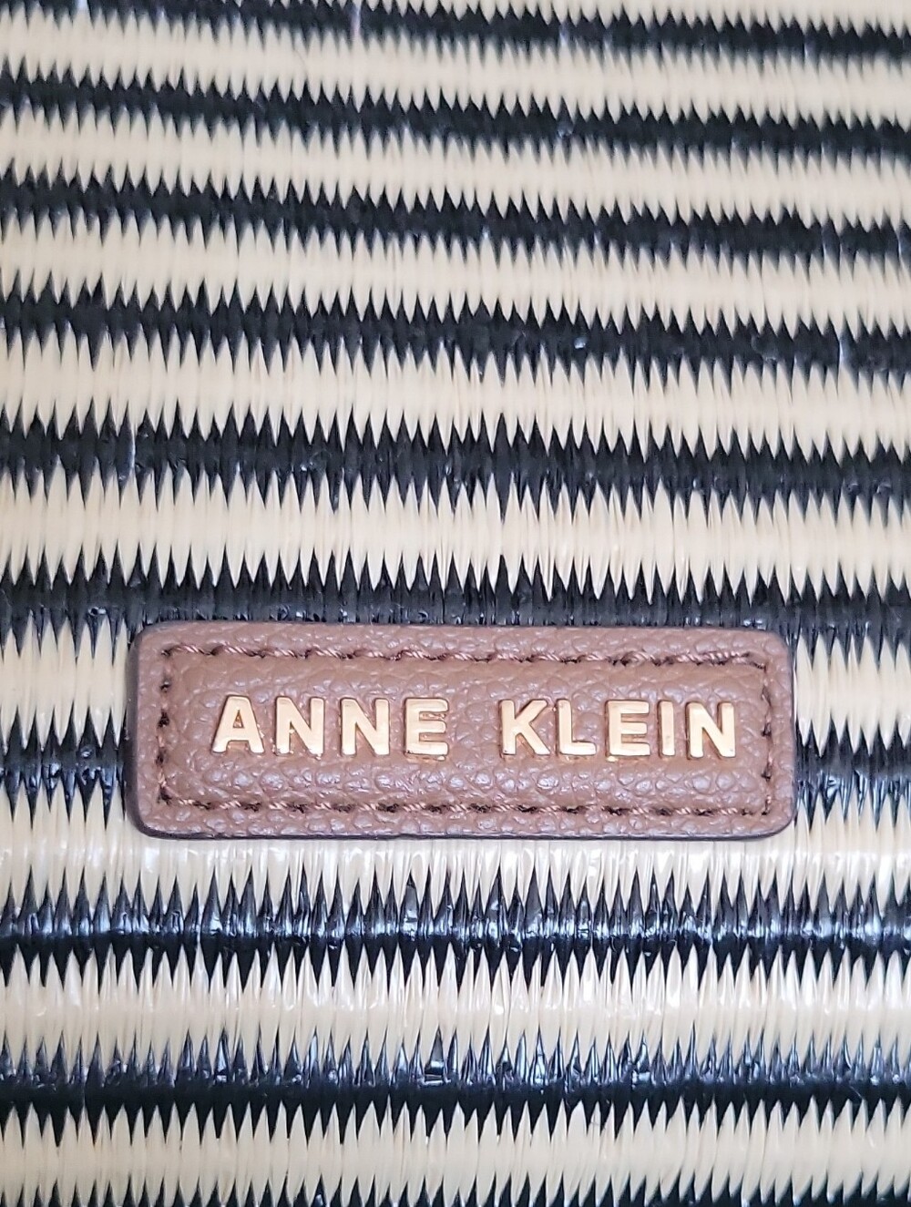 Anne Klein Striped Woven Wristlet Clutch Black Cream Tan Coastal Preppy Boho